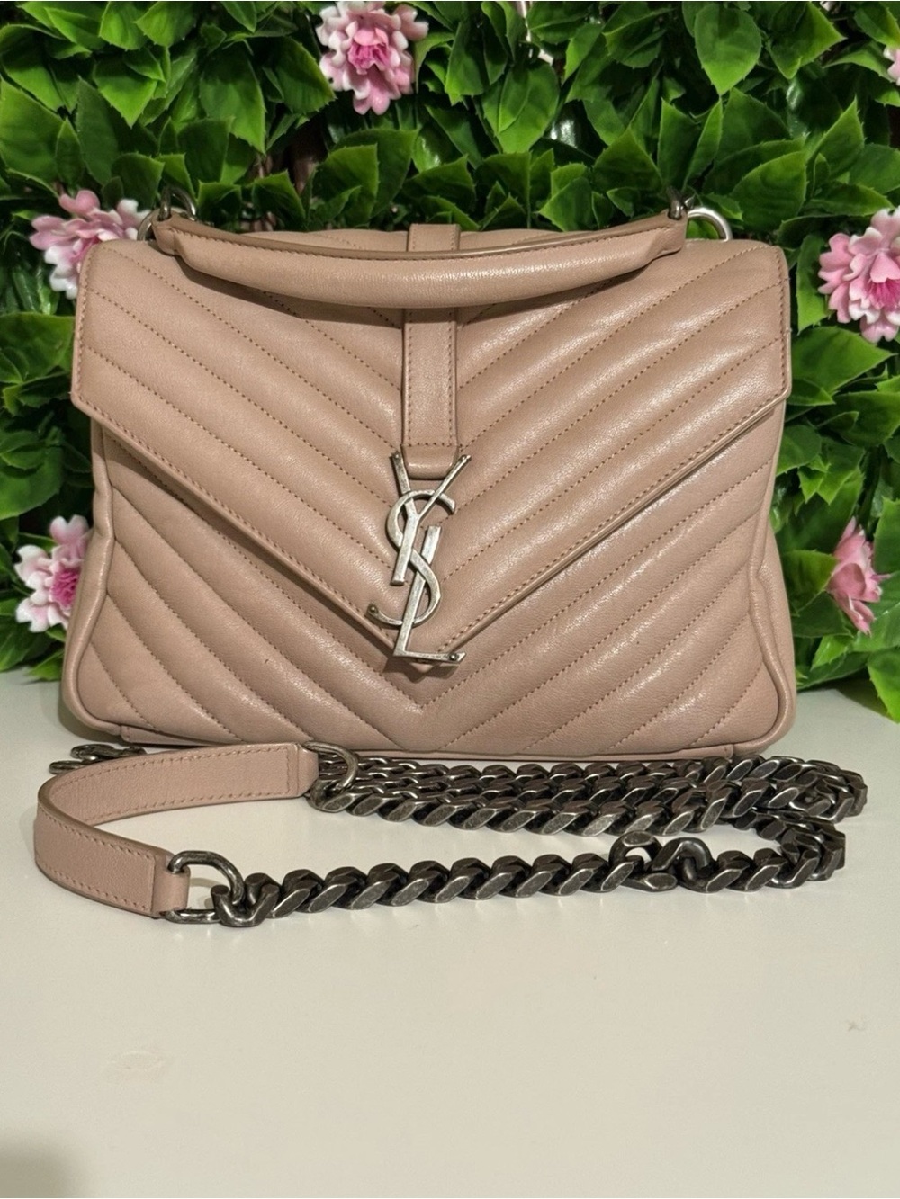 Saint Laurent College Medium Flap YSL Shoulder Bag Quilted Mauve Pink Leather